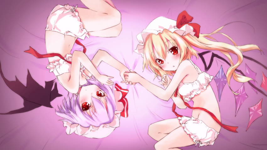 :<, blonde_hair, bloomers, blush, flandre_scarlet, hat, lavender_hair, long_hair