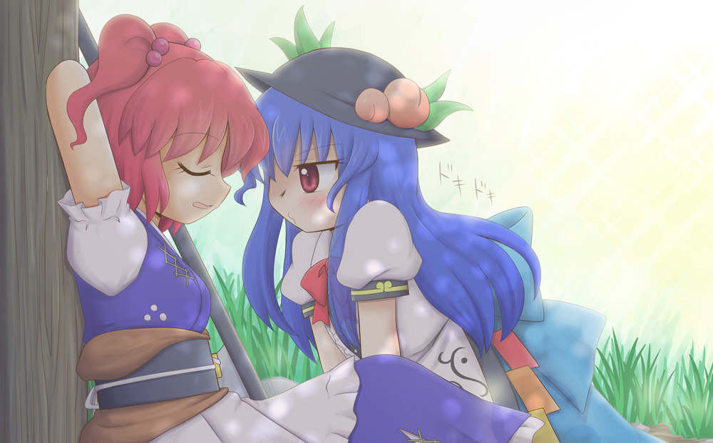 blue_hair, blush, closed_eyes, dress, eyes_closed, food, fruit, hair_bobbles