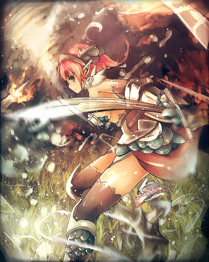 armor, azami_(distel), black_eyes, black_legwear, fire, original, pointy_ears, profile