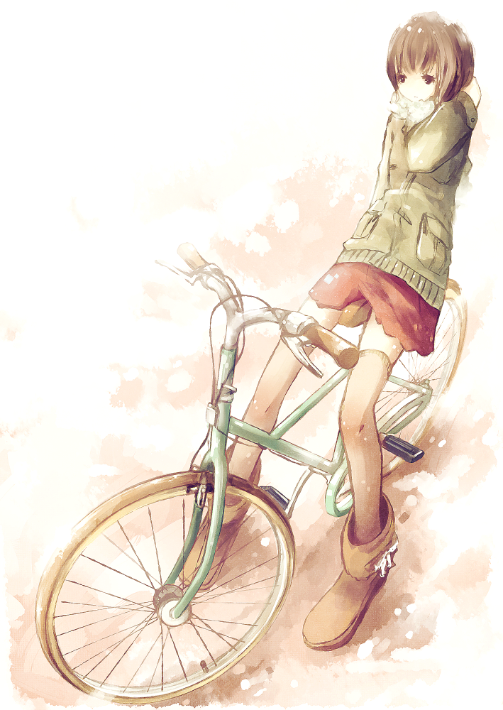 azami_(distel), bicycle, boots, brown_hair, full_body, jacket, original, short_hair