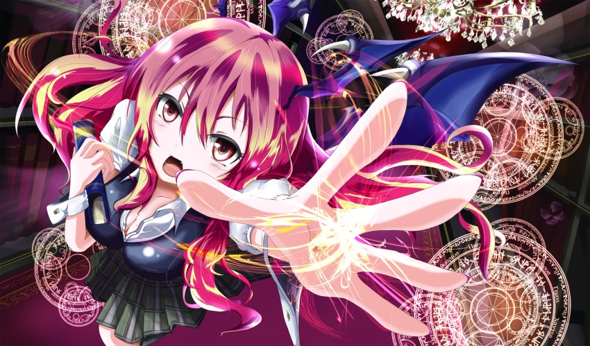 bat_wings, black_legwear, book, breasts, chandelier, cleavage, collarbone, corridor