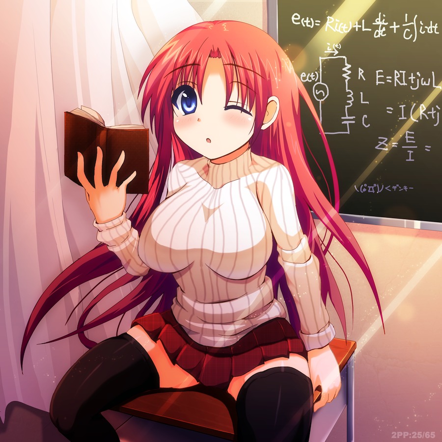 ;o, black_legwear, blue_eyes, blush, book, breasts, chalkboard, long_hair