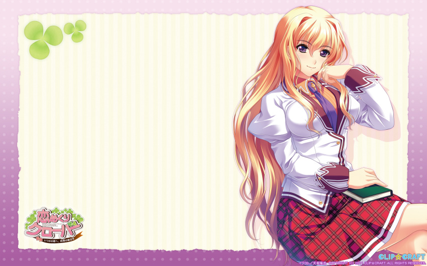 amasaka_takashi, blonde_hair, koi_mekuri_clover, long_hair, niina_ayami, purple_eyes, skirt, violet_eyes
