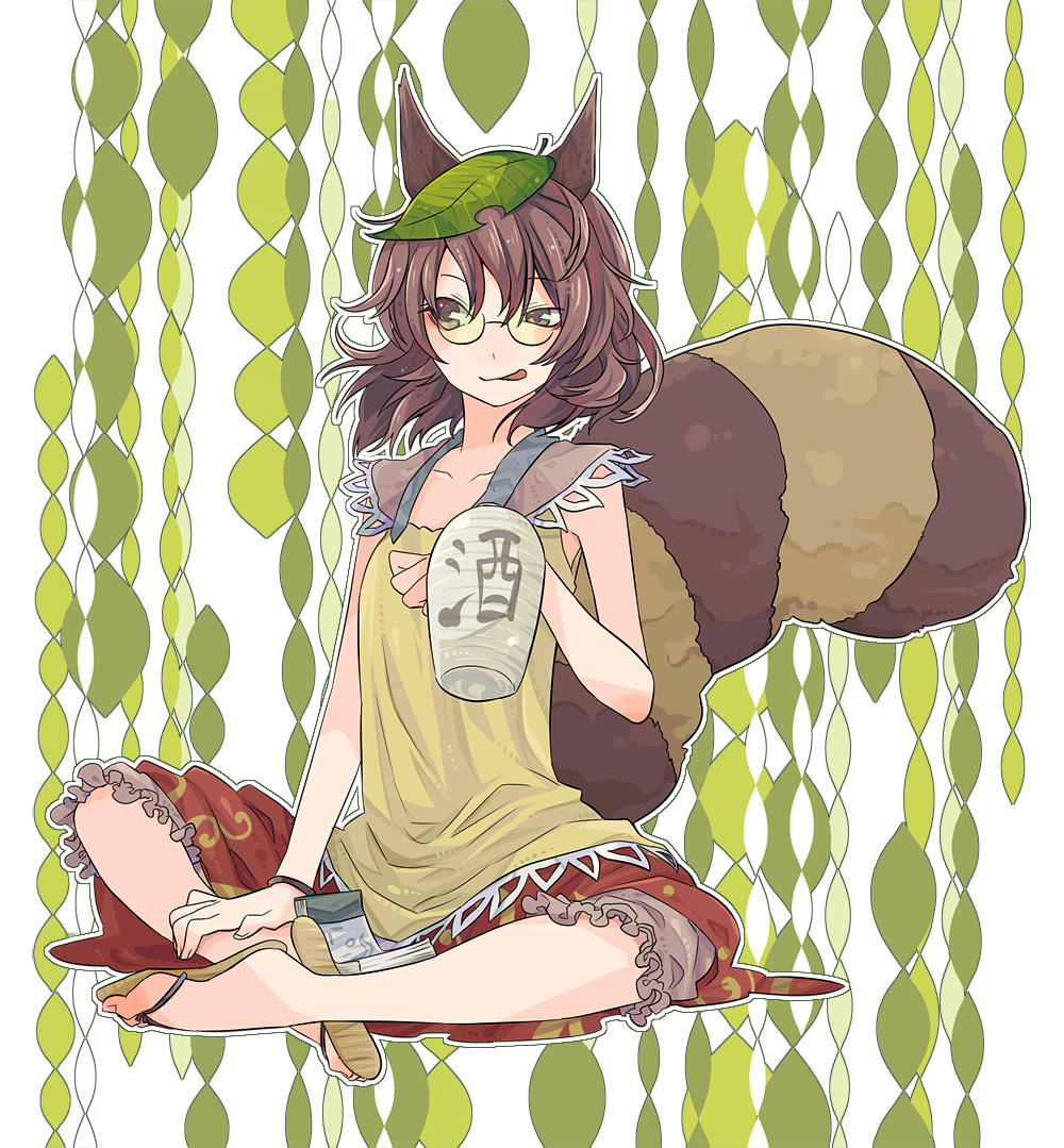animal_ears, bottle, brown_eyes, brown_hair, futatsuiwa_mamizou, glasses, indian_style, kintaro