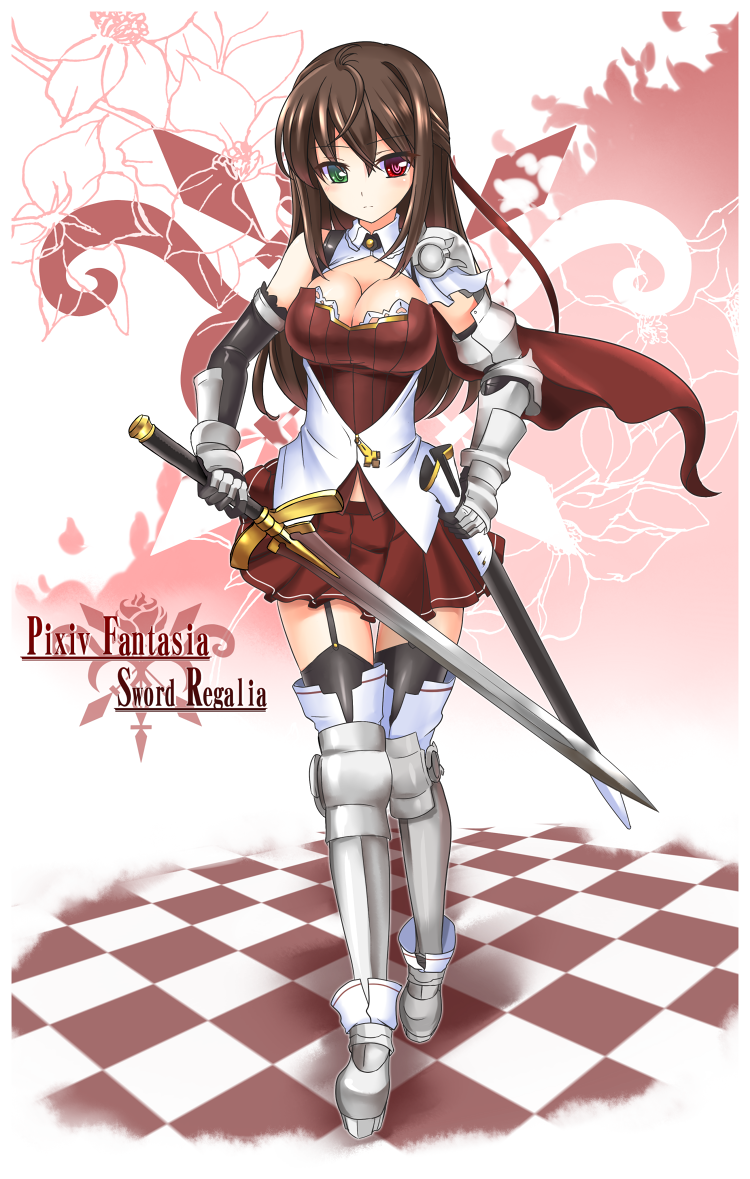 1girl, armor, breasts, brown_eyes, brown_hair, cleavage, garter_straps, gauntlets