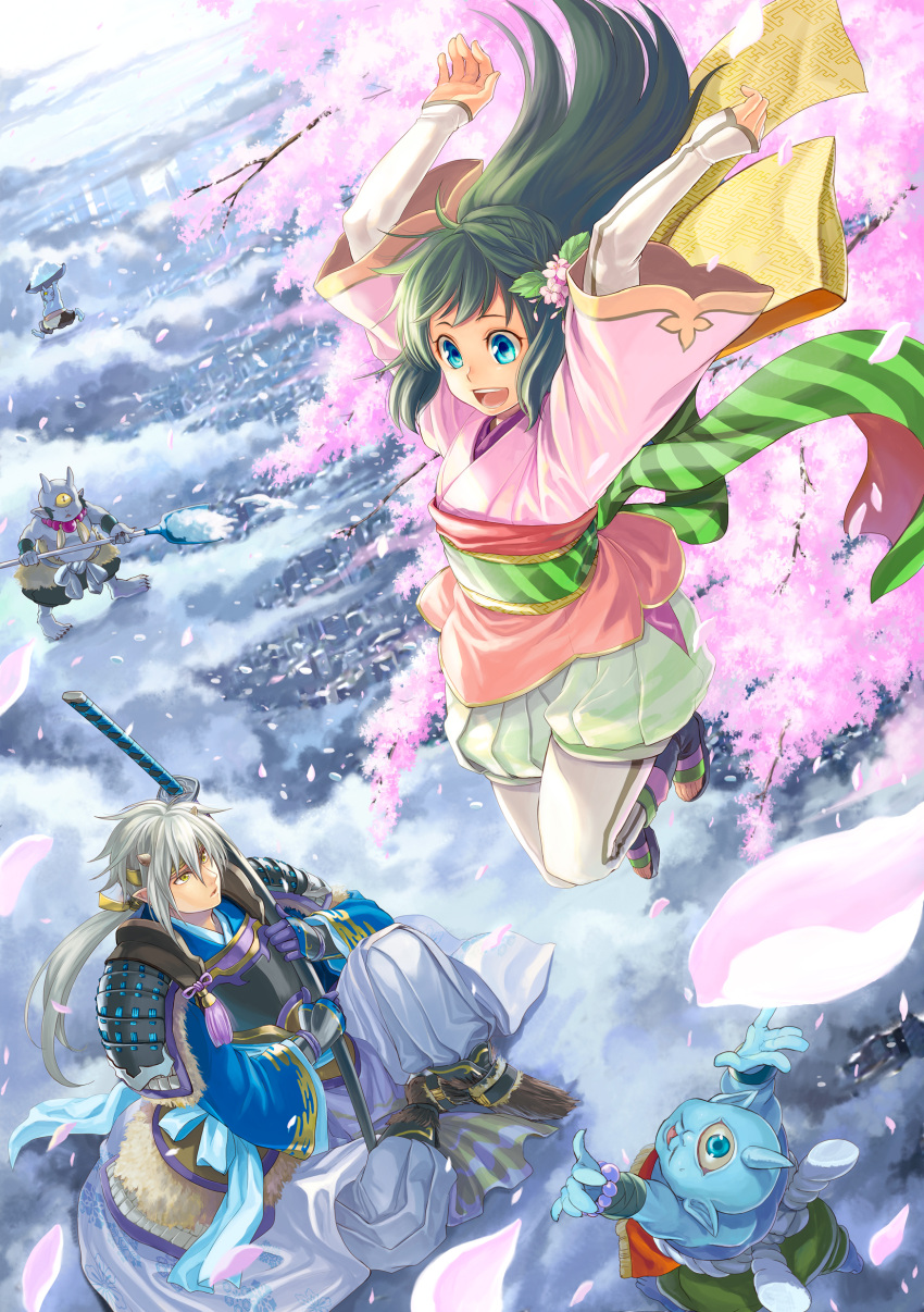 blue_eyes, cherry_blossoms, cyclops, demon, detached_sleeves, flower, green_hair, hair_flower