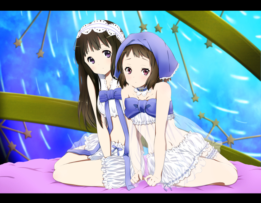 absurdres, bed, bed_sheet, black_hair, bloomers, blush, bow, brown_eyes, brown_hair, chitanda_eru, hairband, head_scarf, headdress, headscarf, highres, hyouka, ibara_mayaka, letterboxed, long_hair, madoromi_no_yakusoku, midriff, multiple_girls, navel, nightwear, purple_eyes, ragho_no_erika, short_hair, sitting, sleepwear, violet_eyes