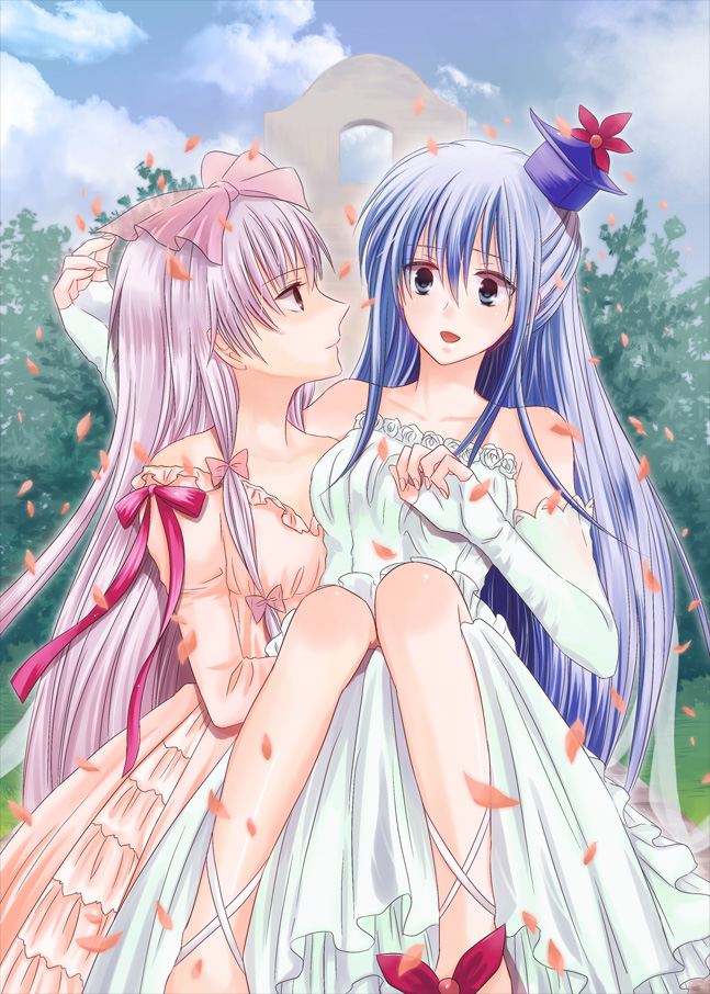bare_shoulders, blue_hair, bow, bridal_gauntlets, carrying, cloud, clouds, dress