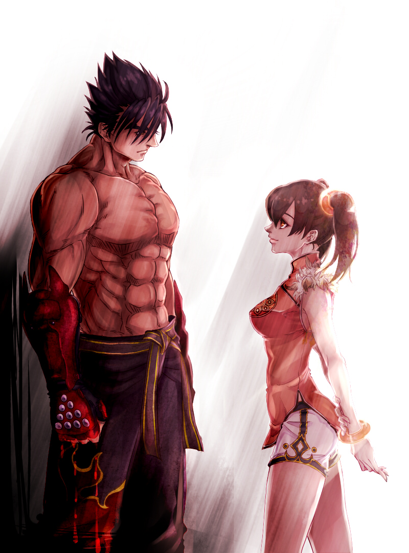 1girl, arm_guards, arms_behind_back, belt, chinese_clothes, fingerless_gloves, gloves, height_difference, hiko_(fuwamaru), kazama_jin, ling_xiaoyu, muscle, namco, pointy_hair, profile, shirtless, short_twintails, standing, tekken, tekken_3, tekken_5_(dark_resurrection), twintails