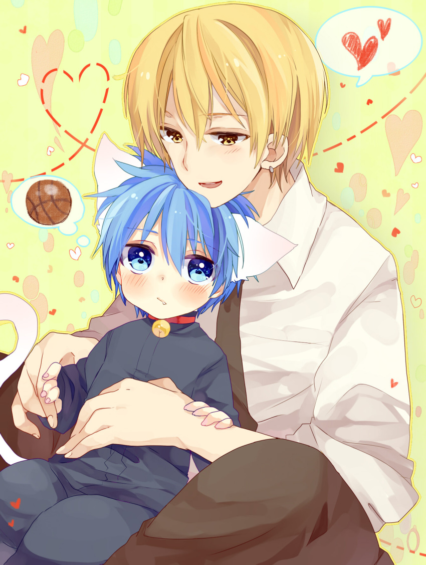 2boys, animal_ears, basketball, blonde_hair, blue_eyes, blue_hair, blush, cat_ears, child, earrings, hair_between_eyes, highres, hyerry, jewelry, kemonomimi_mode, kise_ryouta, kuroko_no_basket, kuroko_no_basuke, kuroko_tetsuya, male, multiple_boys, nekomimi_mode, open_mouth, short_hair, shota, tail, touyama_soboro, upper_teeth, yaoi, yellow_eyes