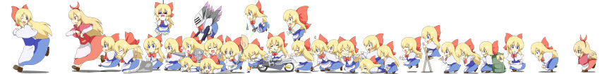 armor, asphyxiation, backpack, bag, blonde_hair, blue_eyes, bow, cape