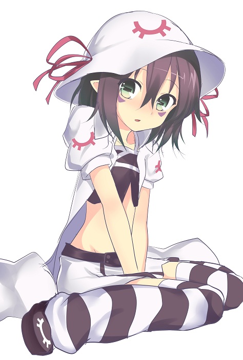 1girl, bad_id, dai_(uhyoko1102151), facial_mark, hat, merry_nightmare, midriff, navel, pointy_ears, short_hair, simple_background, sitting, skirt, solo, striped, striped_legwear, thighhighs, wariza, white_background, yumekui_merry