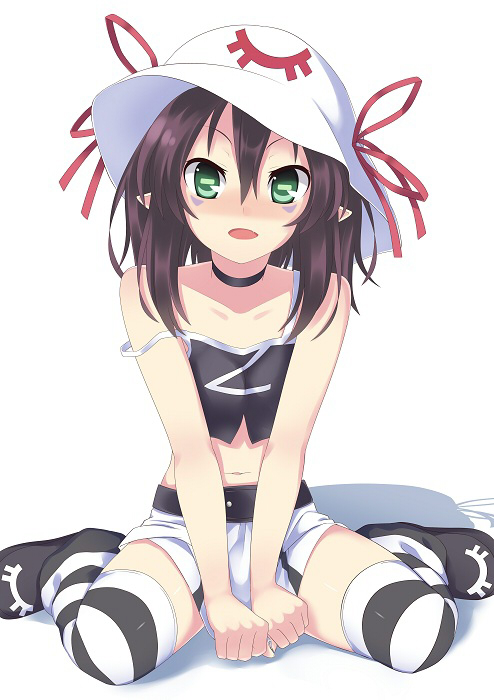 1girl, bad_id, choker, dai_(uhyoko1102151), facial_mark, hat, merry_nightmare, midriff, navel, pointy_ears, short_hair, simple_background, sitting, skirt, solo, strap_slip, striped, striped_legwear, thighhighs, wariza, white_background, yumekui_merry