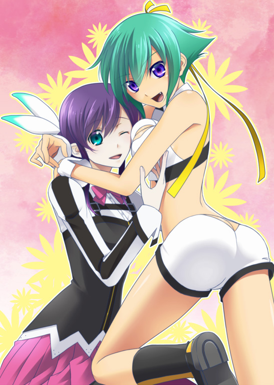 aquarion_evol, bare_shoulders, bow, breasts, cleavage, cleavage_cutout, green_eyes, green_hair