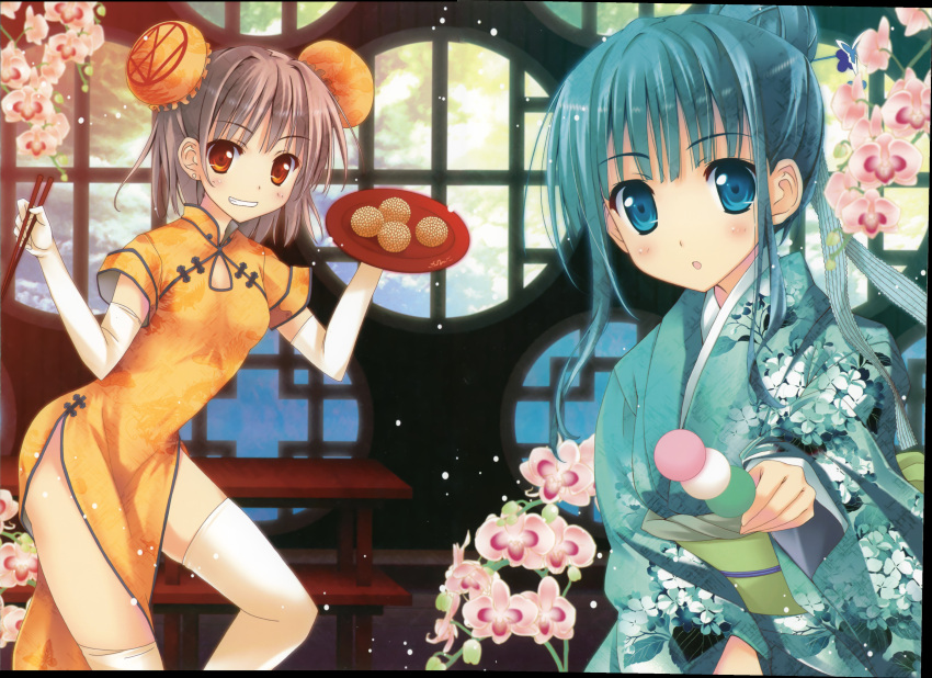 2girls, :o, absurdres, aqua_eyes, aqua_hair, asymmetrical_clothes, asymmetrical_legwear, chinese_clothes