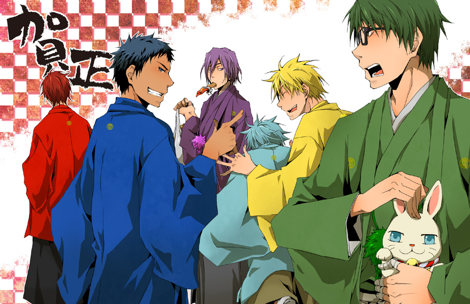 akashi_seijuurou, aomine_daiki, back_turned, blonde_hair, blue_eyes, blue_hair, bunny, closed_eyes