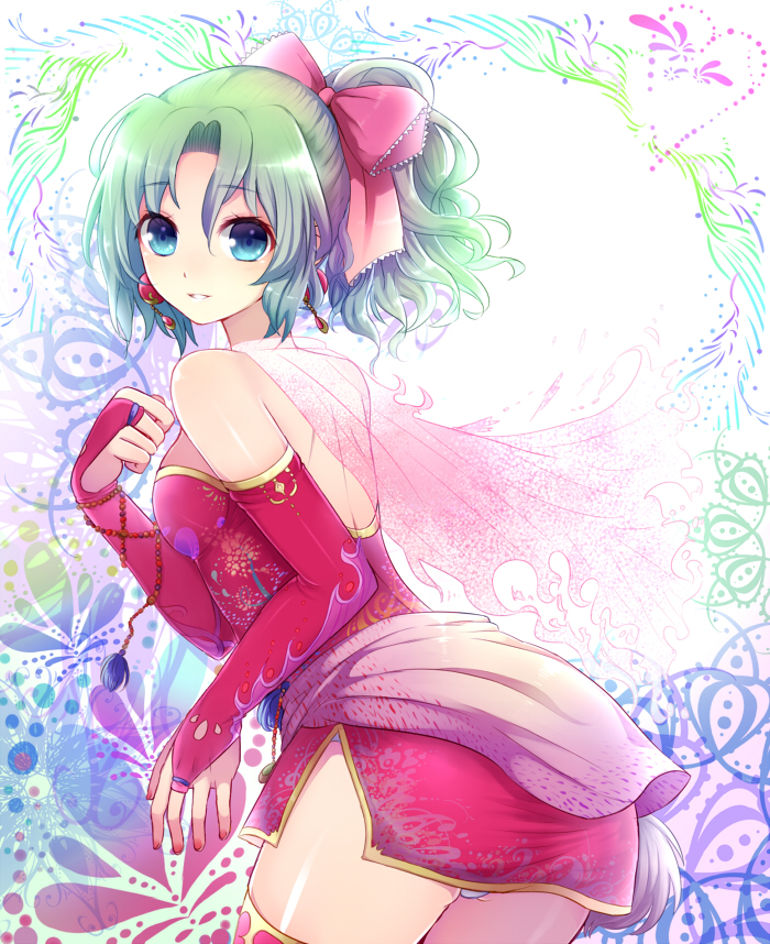 bare_shoulders, blue_eyes, bow, bridal_gauntlets, capelet, dress, earrings, final_fantasy, final_fantasy_vi, green_hair, hair_bow, jewelry, kamanatsu, looking_at_viewer, nail_polish, panties, pantyshot_(standing), ponytail, see-through, solo, tina_branford, underwear, white_panties