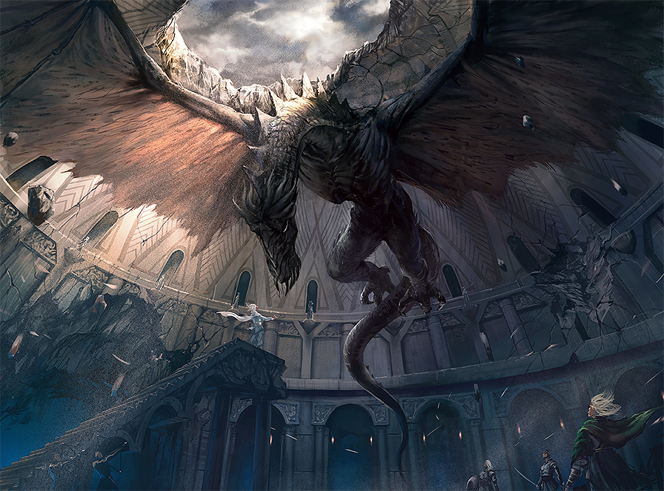 bow_(weapon), cape, cloudy_sky, debris, dome, dragon, noba, pixiv_fantasia