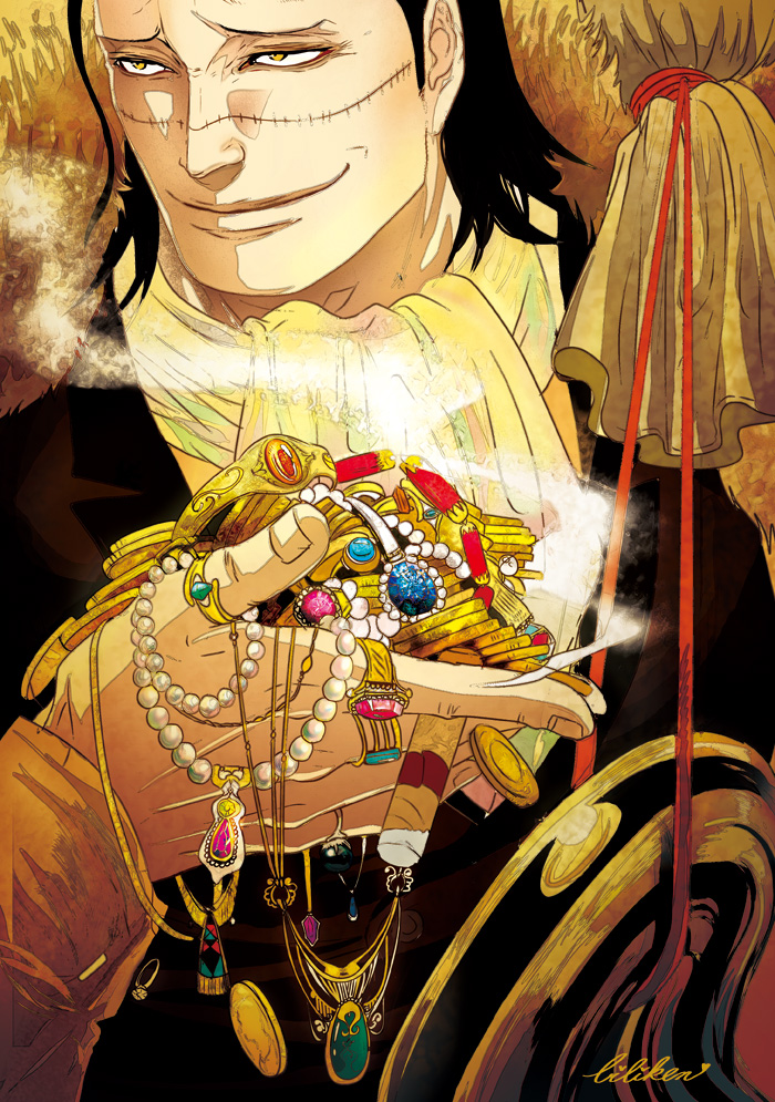 biliken, black_hair, cigar, coin, cravat, formal, fur_coat, gold