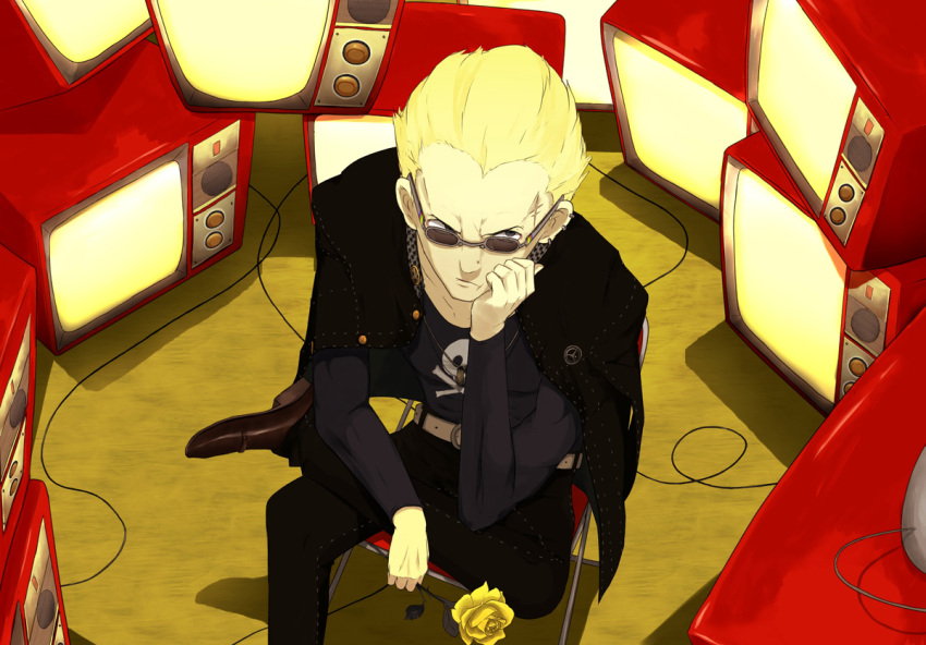 blonde_hair, bullet, crossed_legs, earrings, flower, from_above, glasses, hand_on_own_face