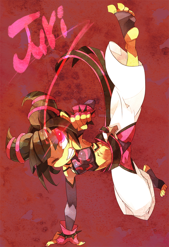 aiming, baggy_pants, barefoot, belt, black_hair, bracelet, elbow_gloves, feet