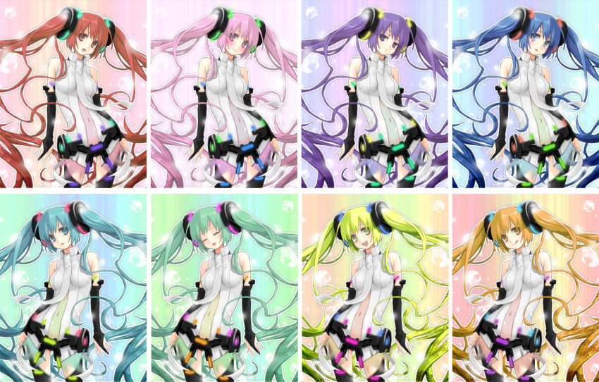 alternate_color, blush, bridal_gauntlets, colorful, hatsune_miku, hatsune_miku_(append), highres, koshino_nose