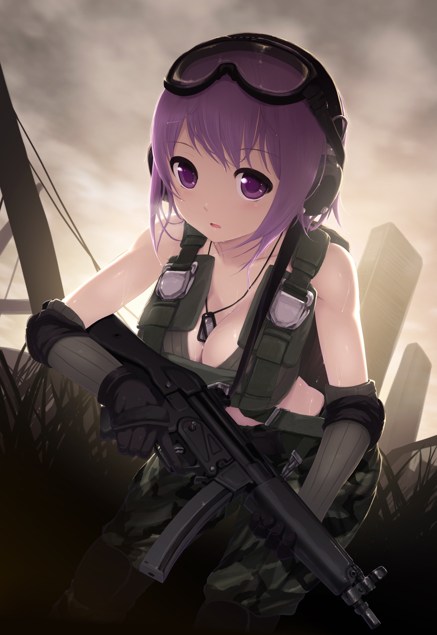 breasts, cait, camouflage, cleavage, dog_tags, earmuffs, elbow_pads, gloves