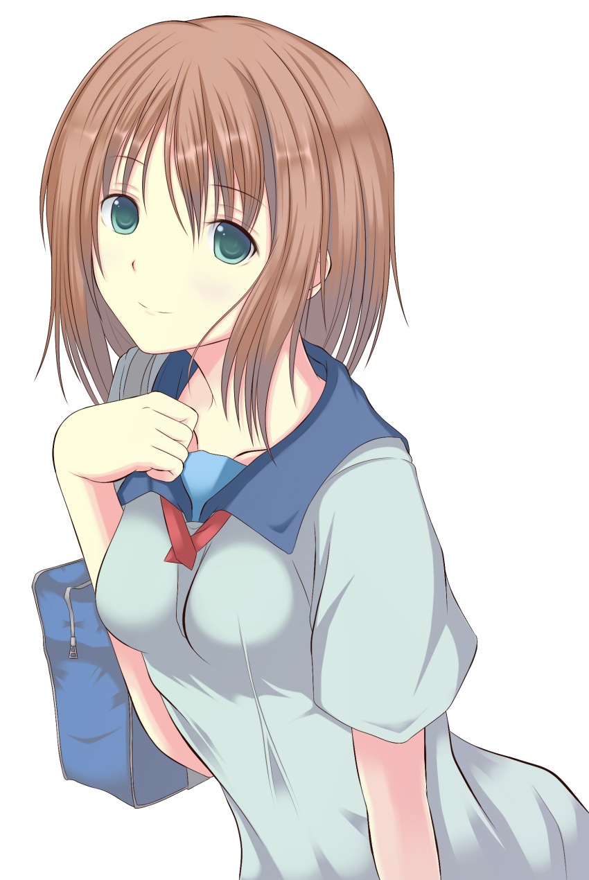 absurdres, aqua_eyes, bag, breasts, brown_hair, h@lki_(sirakawa-haru), highres, light_smile, original, school_bag, school_uniform, short_hair, solo, white_background