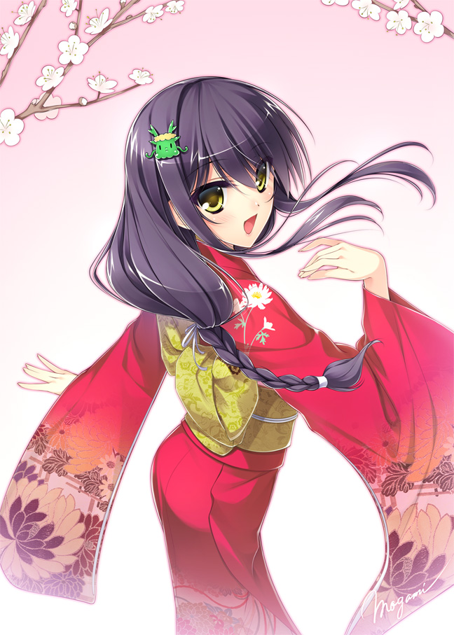 black_hair, blush, braid, cherry_blossoms, japanese_clothes, kimono, long_hair, looking_at_viewer
