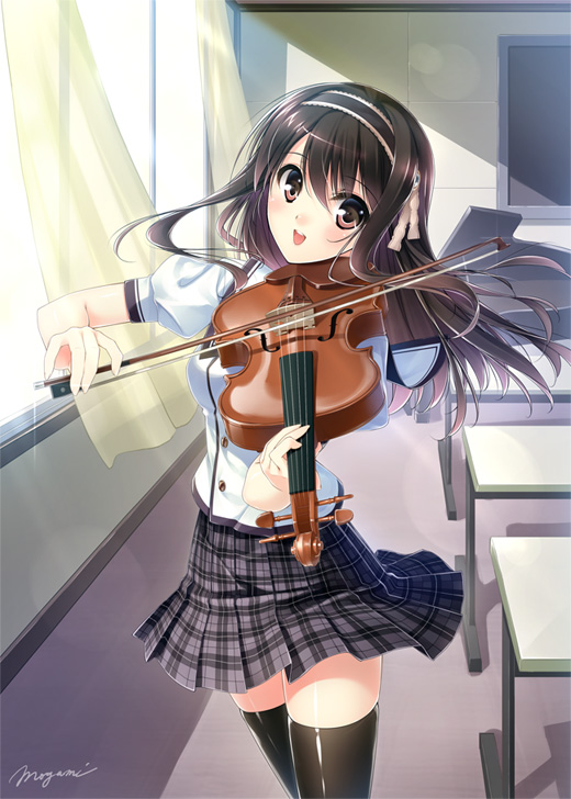 black_hair, black_legwear, blush, brown_eyes, classroom, hairband, instrument, looking_at_viewer, mogami_noa, open_mouth, original, plaid, plaid_skirt, pleated_skirt, school_uniform, signature, skirt, smile, solo, sunlight, thigh-highs, thighhighs, violin