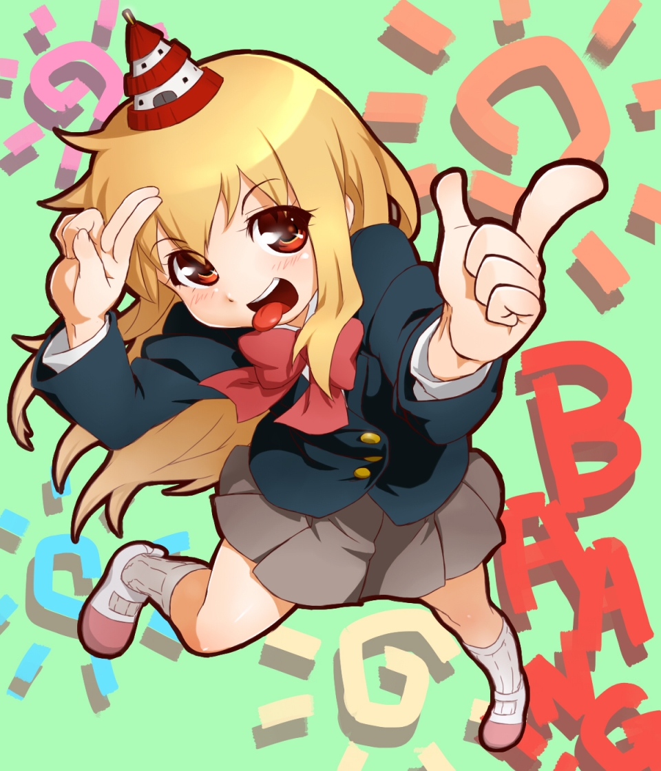 blazer, bowtie, neesan, onsoku_maru, pleated_skirt, pointing, salute, school_uniform, shoes, skirt, socks, tongue, uwabaki