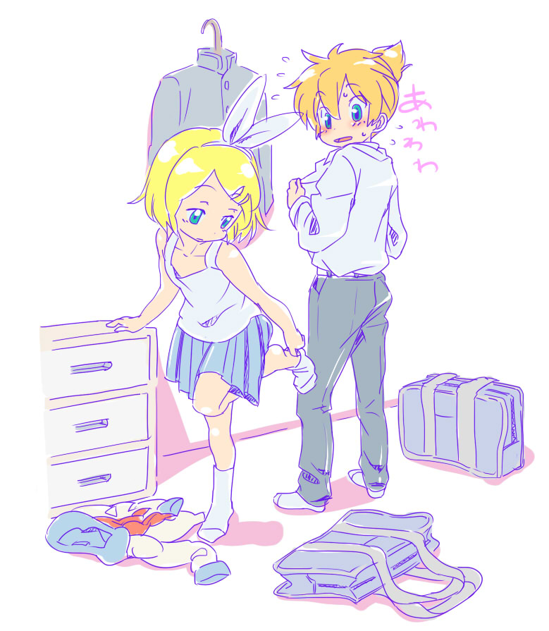 1girl, aqua_eyes, bag, blonde_hair, brother_and_sister, hair_ornament, hair_ribbon, hairclip