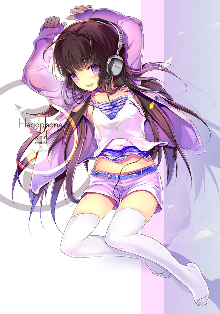 blush, headphones, heart, heart-shaped_pupils, kan_satomi, long_hair, lying, midriff