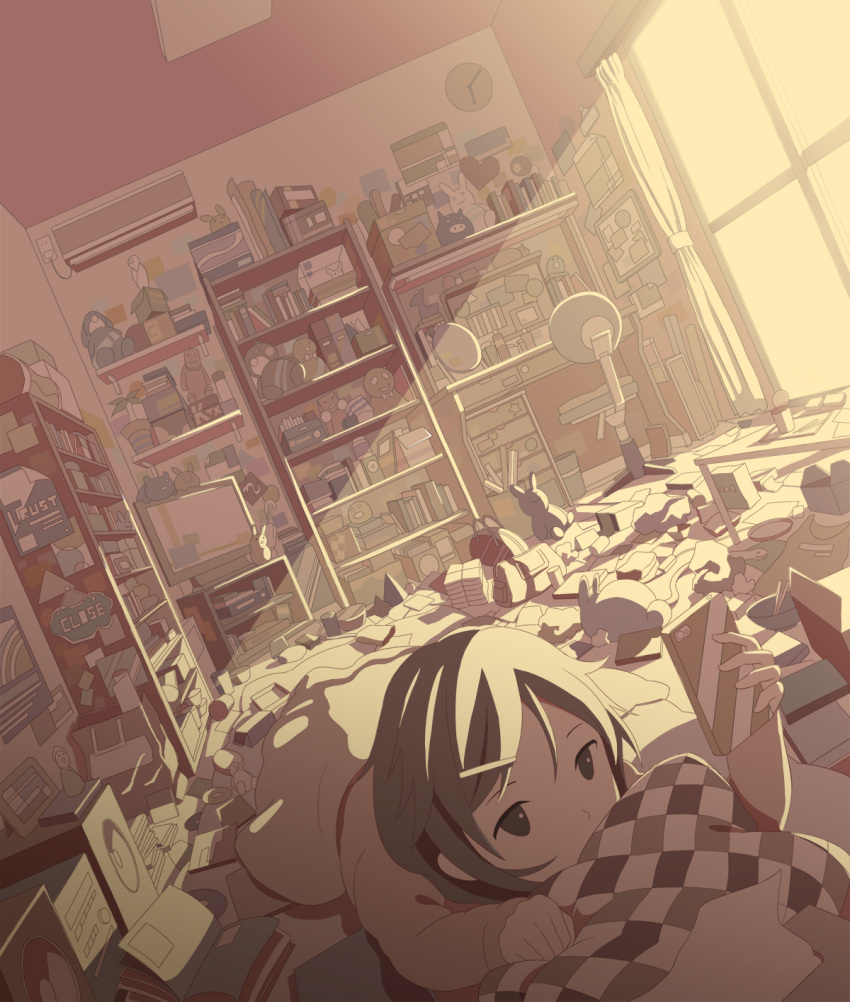 air_conditioner, bag, bed, bookshelf, box, brown_eyes, brown_hair, cardboard_box