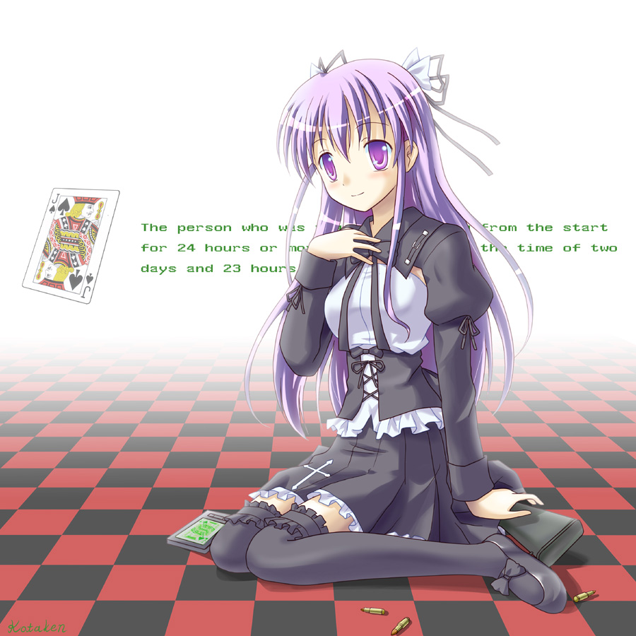 kidou_nagisa, kotaken, long_hair, purple_eyes, purple_hair, secret_game, thigh-highs, thighhighs, violet_eyes, weapon