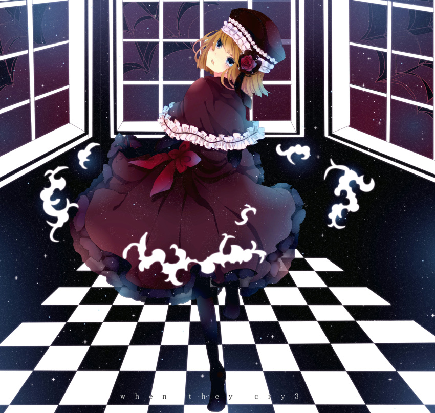 blue_eyes, bow, capelet, checkered, checkered_floor, dress, elbow_gloves, eva_beatrice