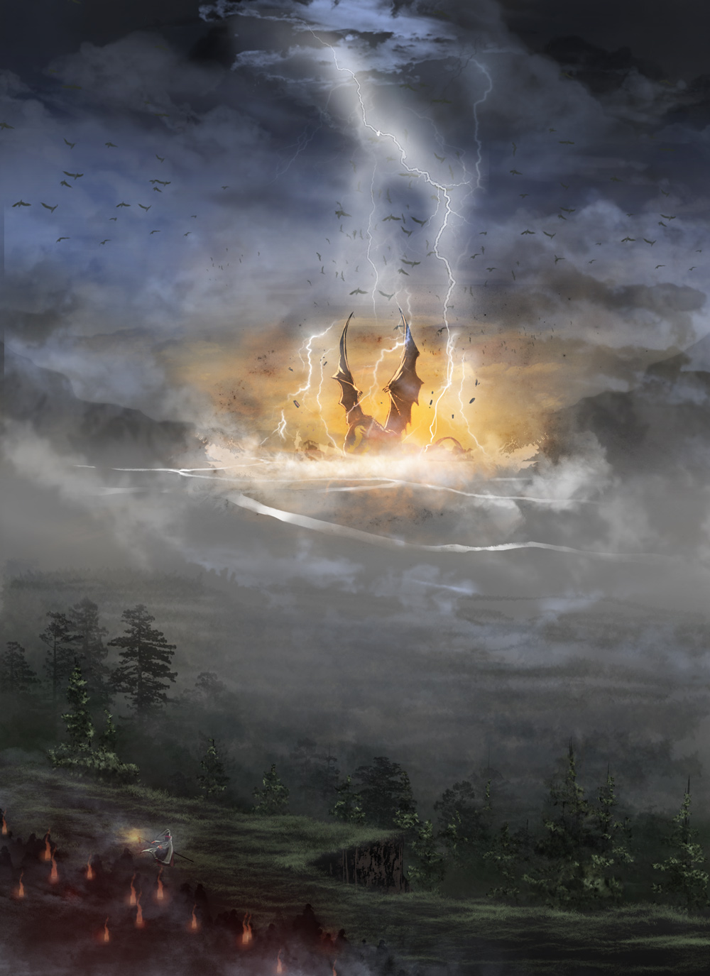 cloudy_sky, dragon, epic, haze, highres, landscape, lightning, magic, mountain, pixiv_fantasia, pixiv_fantasia_sword_regalia, scenery, takayama_dan, tree