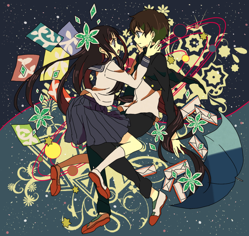 1girl, brown_hair, chitanda_eru, envelope, eye-contact, eye_contact, face-to-face, gakuran, hari611, highres, hyouka, letter, long_hair, looking_at_another, open_mouth, oreki_houtarou, school_uniform, serafuku, short_hair, skirt, umbrella