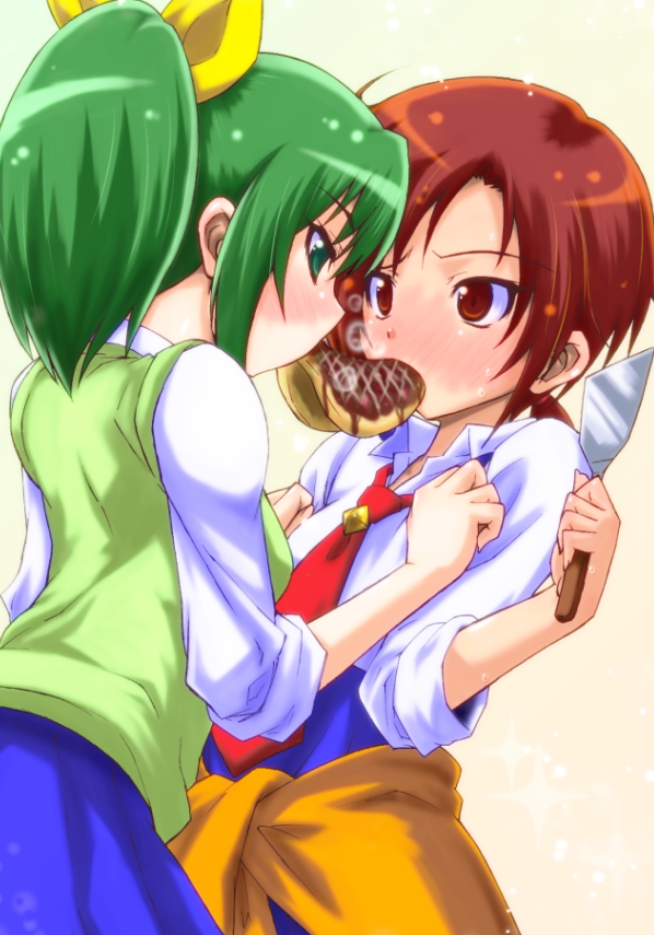 gekoge_satoru, gkg666, green_eyes, green_hair, hino_akane, midorikawa_nao, mouth_hold, multiple_girls