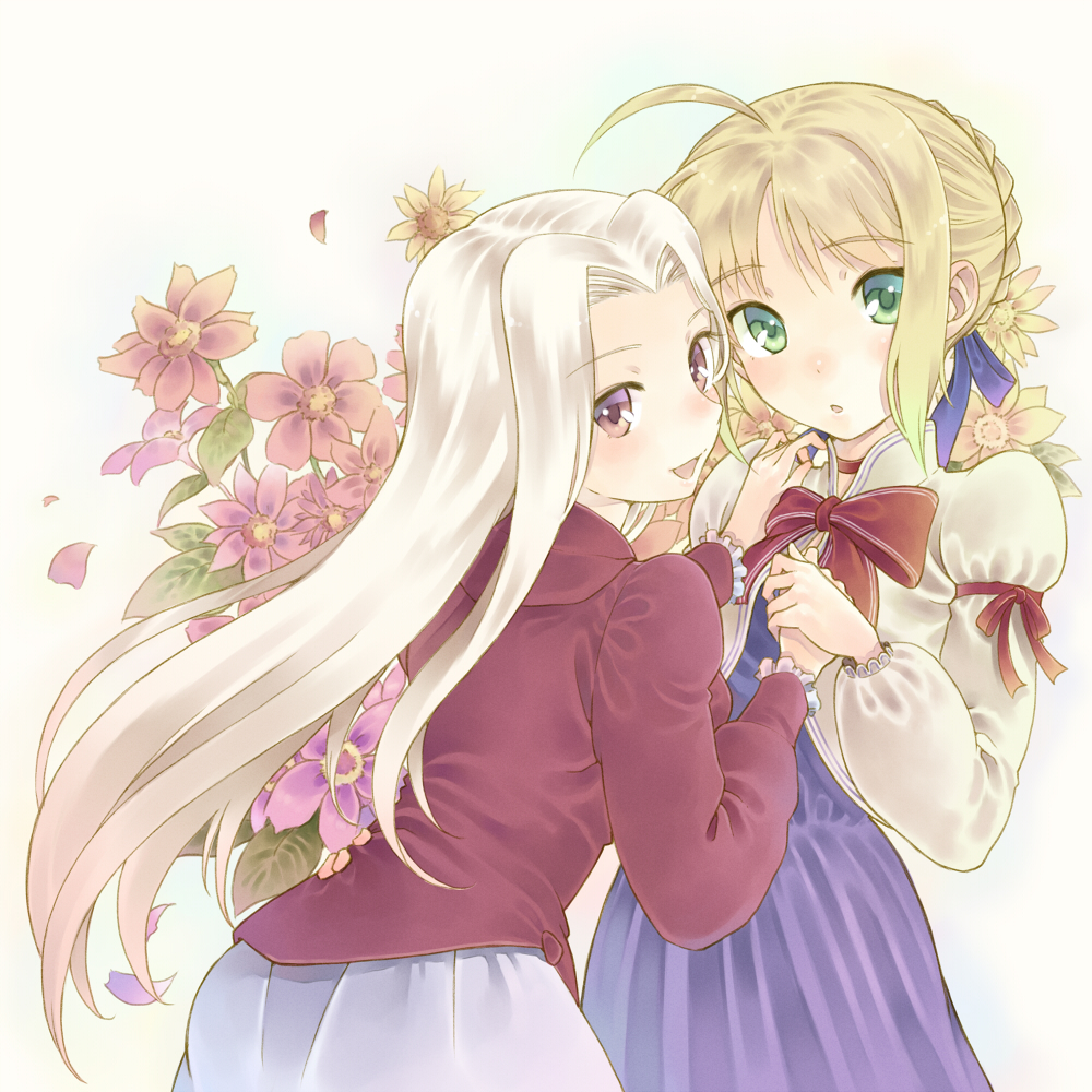 :o, ahoge, blonde_hair, blush, bow, braid, choker, dress