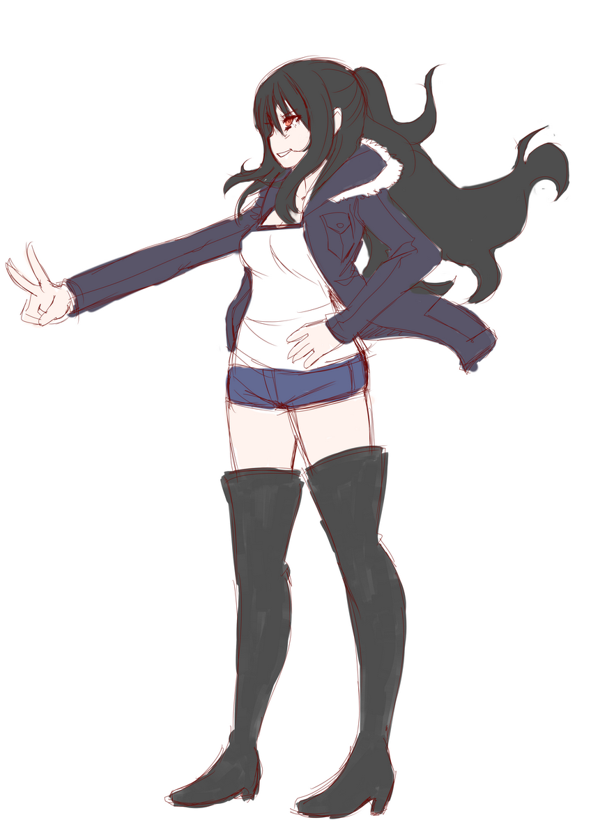 black_hair, boots, fate/prototype, fate_(series), highres, kekekeke, long_hair, open_clothes