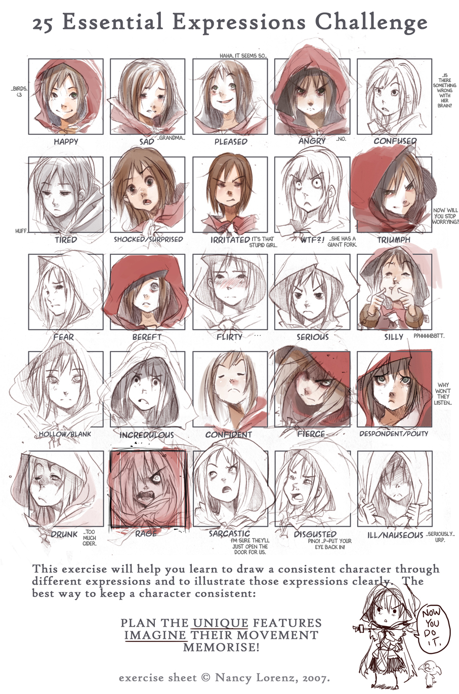expressions, grimm's_fairy_tales, grimm's_fairy_tales, highres, little_red_riding_hood, little_red_riding_hood_(grimm), monochrome, original, red_(everafter), shaun_healey, sketch