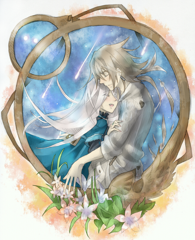 1boy, 1girl, closed_eyes, couple, dress, earrings, elza_(the_last_story), eyes_closed
