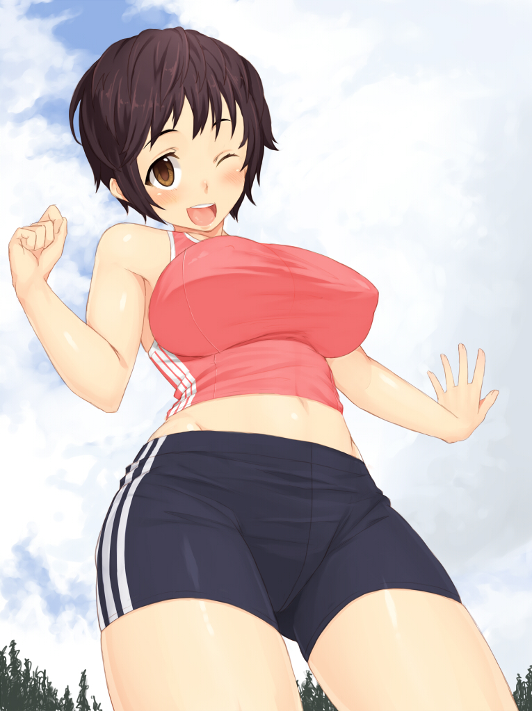 1girl, ;d, bare_shoulders, bike_shorts, blush, breasts, brown_eyes, brown_hair