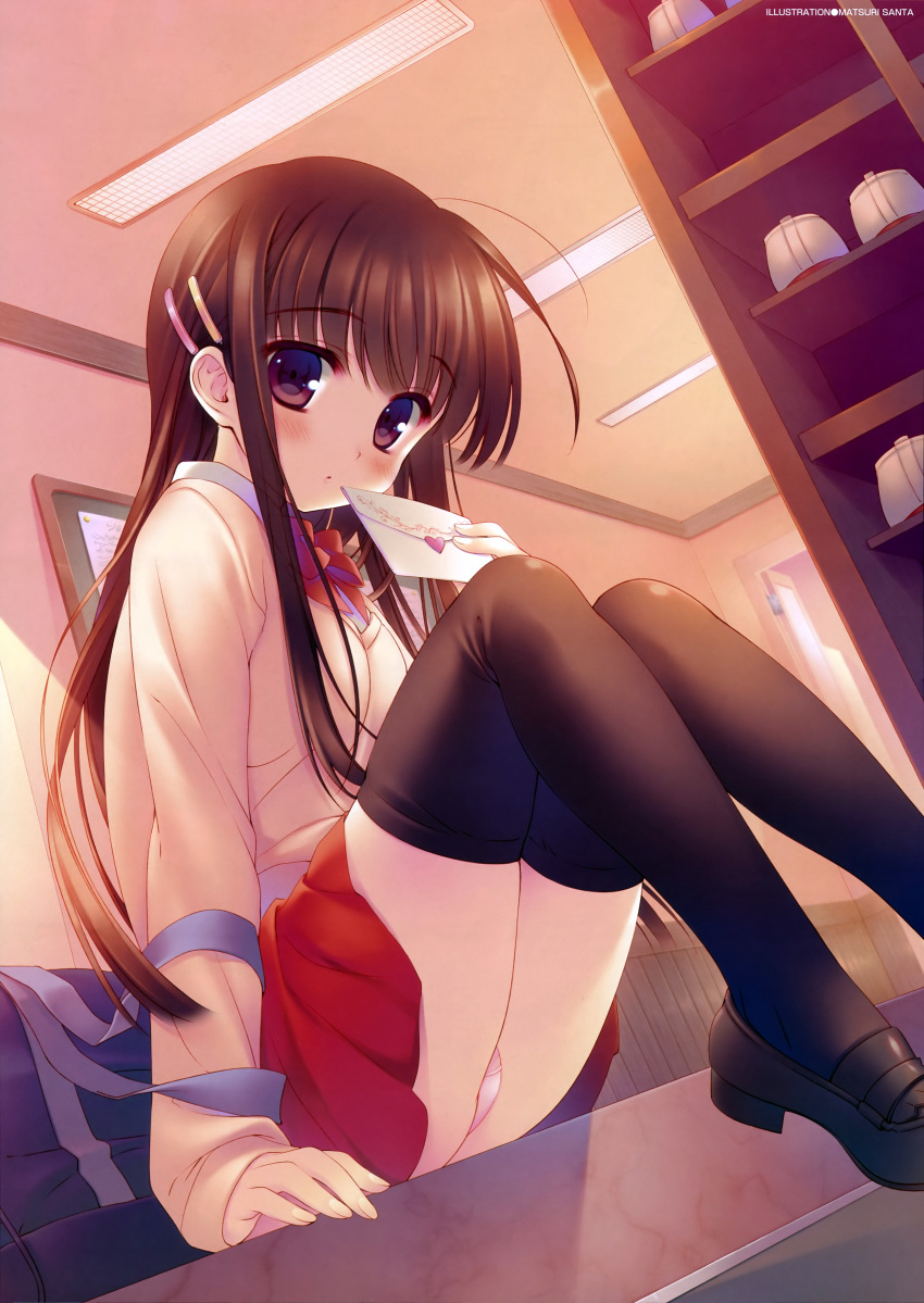 absurdres, black_legwear, blush, bowtie, brown_hair, dutch_angle, hair_ornament, hairclip