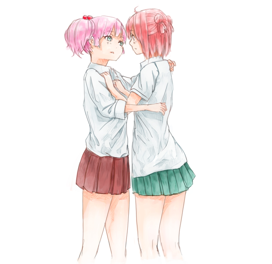2yffmhbl, ahoge, akaza_akari, aqua_eyes, bad_id, double_bun, eye_contact, hair_bobbles