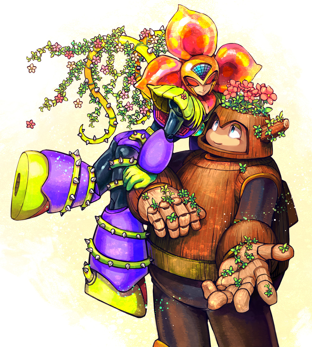 blue_eyes, closed_eyes, couple, eyes_closed, flower, height_difference, plant_man, plantman, rockman, rockman_(classic), smile, thorns, vines, wood, wood_man, woodman, zakki