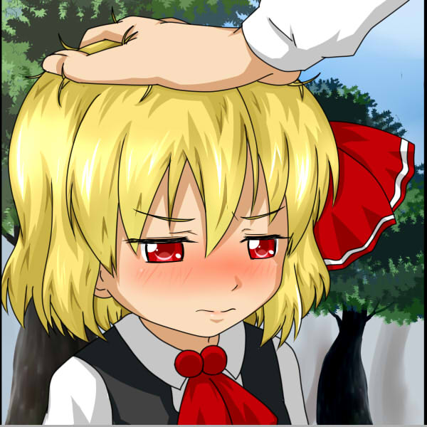 blush, face, hands, petting, rumia, seiaku, short_hair, shouwaru, touhou, youkai