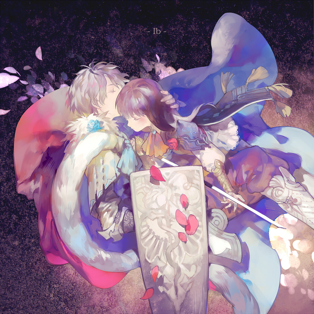 1girl, armor, blue_rose, brown_hair, cape, closed_eyes, eve_(ib), eyes_closed