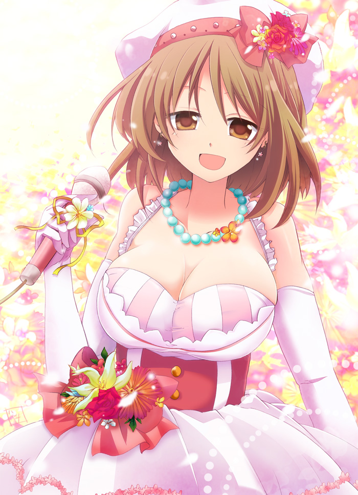 bow, breasts, brown_eyes, brown_hair, cleavage, dress, earrings, elbow_gloves, flower, gloves, haruna_hisui, hat, hat_bow, holding, idolmaster, idolmaster_cinderella_girls, jewelry, microphone, mimura_kanako, necklace, open_mouth, solo